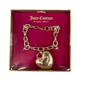 Juicy Couture Charm Bracelet Gold Puffed Heart Logo Link Chain Gift Box Y2K Glam
